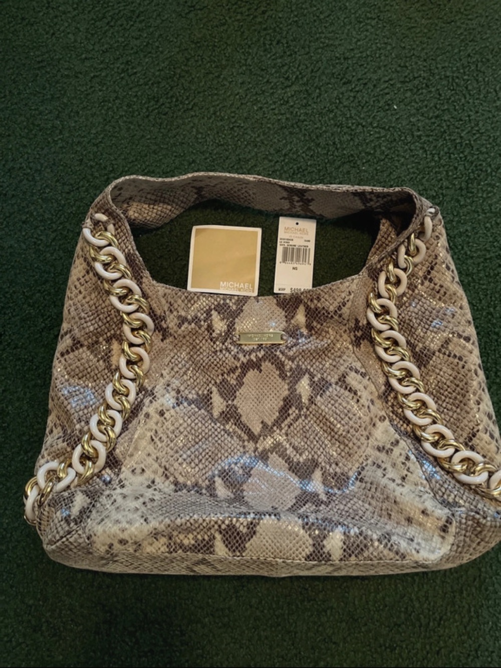 Michael Kors Snake-Print Shoulder Bag in Beige and Taupe with Gold Chain Detail